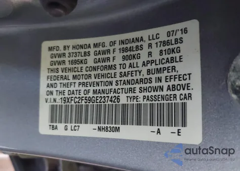 2016 Honda Civic Lx from USA, damaged, VIN 19XFC2F59GE237426